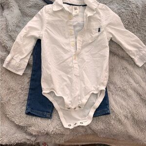 White Long-Sleeve Kids One Piece Button up Shirt With Jeans and Suspenders.